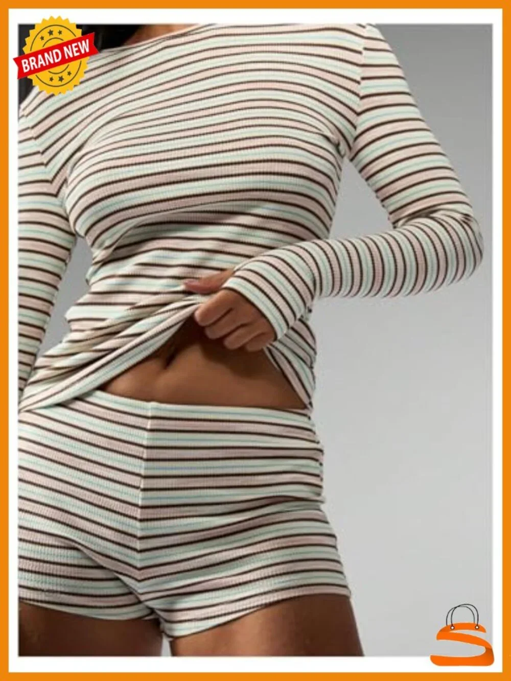 Striped Lounge Set 2 Piece Matching Athletic Set Long Sleeve Top with Shorts